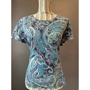 Croft & Barrow Womens XL Paisley Tee Blue Green Cotton Short Sleeve Top